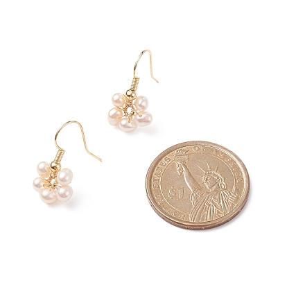 Natural Cultured Freshwater Pearl Flower Dangle Earrings, Copper Wire Wrap Beads Earring for Women