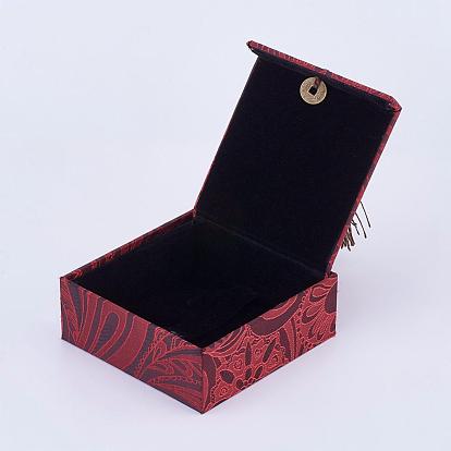 Wooden Bracelet Boxes, with Linen and Nylon Cord Tassel, Square