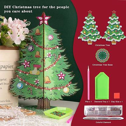 Kits de pintura de diamante de decoración de exhibición de árbol de navidad diy, incluyendo tablero de plástico, diamantes de imitación de resina, pluma, plato de bandeja y arcilla de cola