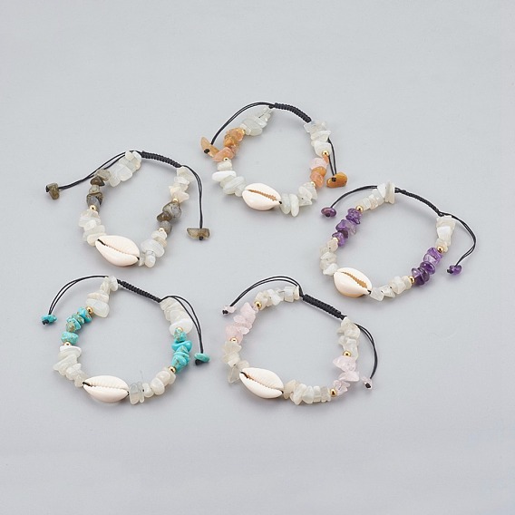 Bracelets en perles tressées avec pierres précieuses et pierre de lune blanche, avec cauris