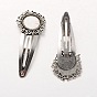 Iron Snap Hair Clip Findings, with Tibetan Style Alloy Flower Cabochon Settings, Cadmium Free & Lead Free, Tray: 14mm, 57mm