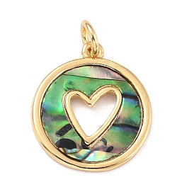 Real 18K Gold Plated Brass Pendants, with Natural Shell, Long-Lasting Plated, Flat Round with Heart