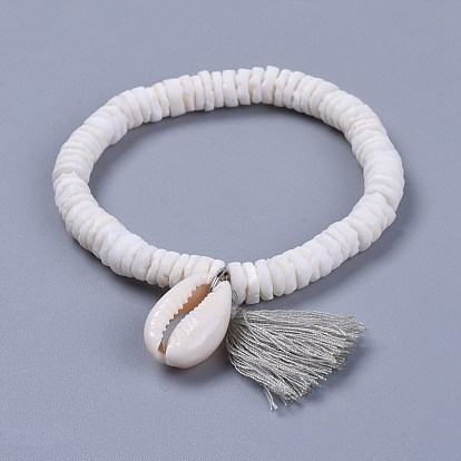Cotton Thread Tassels Charm Bracelets, with Shell Beads and Cowrie Shell Beads, with Burlap Paking Pouches Drawstring Bags