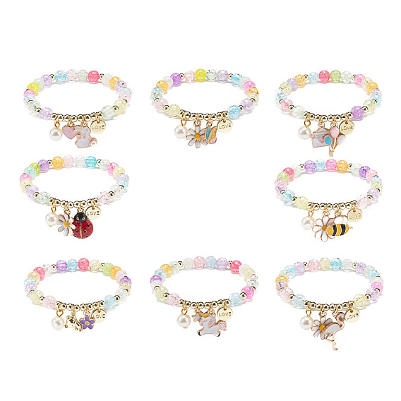 8 piezas 8 conjunto de pulseras elásticas con cuentas redondas de acrílico, Flor y globo y unicornio y palabra amor aleación esmalte y perlas de plástico encantos pulseras apilables para mujer