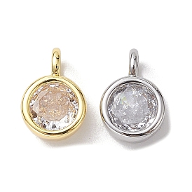 Brass Micro Pave Clear Cubic Zirconia Pendants, Round Charms