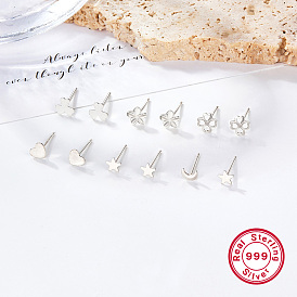 6 Pair 6 Style 999 Fine Silver Stud Earrings Set for Women, Star & Heart & Clover & Flower