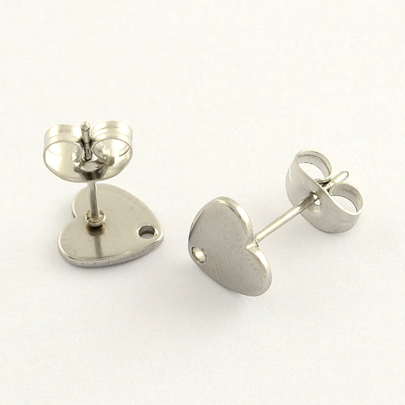 304 Stainless Steel Heart Stud Earring Findings, with Loop and Flat Plate, 8x8mm, Hole: 1mm, pin: 0.8mm