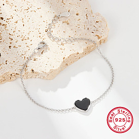 925 Sterling Silver Cable Chains Bracelets, Heart Black Onyx Link Bracelets for Women