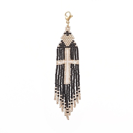 Cross Pattern Glass Seed Beaded Tassel Pendant Decorations, with 304 Stainless Steel Lobster Claw Clasps