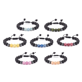 7Pcs 7 Style Natural Mixed Stone & Lava Rock & Synthetic Hematite Round Braided Bead Bracelets Set, Essential Oil Gemstone Jewelry for Women