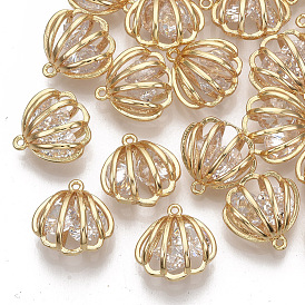 Brass Cubic Zirconia Charms, Nickel Free, Scallop, Clear