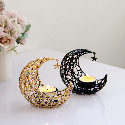 Portavelas con forma de luna creciente y estrella, candelabro de metal, elementos del ramadán