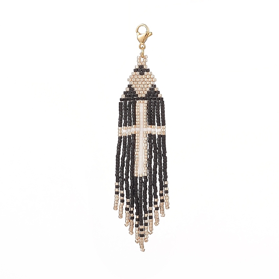 Cross Pattern Glass Seed Beaded Tassel Pendant Decorations, with 304 Stainless Steel Lobster Claw Clasps