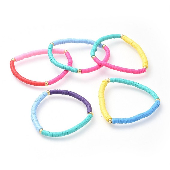 Eco-Friendly Handmade Polymer Clay Heishi Beads Stretch Bracelets, with Electroplate Glass Seed Beads