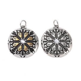 Style tibétain 304 acier inoxydable polissage manuel gros pendentifs, avec œil de chat et anneaux, rond plat avec breloques runes