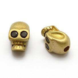 Brass Beads, with Cubic Zirconia, Skull, Nickel Free