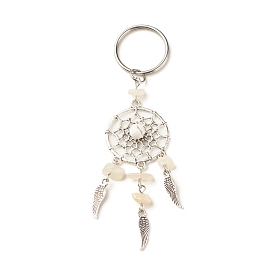 Accessoires en alliage avec perles de pierre de lune blanche naturelle et porte-clés en perles d'howlite naturelle, avec breloques ailes en alliage de style tibétain et anneaux fendus en fer
