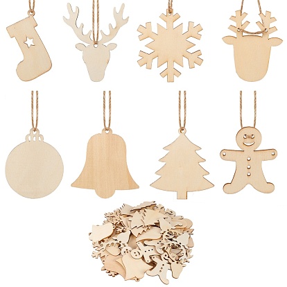 8 Bag 8 Style Unfinished Natural Wood Cutouts Ornaments, with Hemp Cord, for Christmas Theme Party Gift Home Decoration