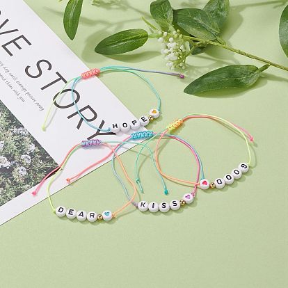 Bracelets de perles tressés en fil de nylon réglable, avec perles en laiton et perles acryliques opaques, avec le mot