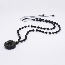 Natural Golden Sheen Obsidian Beaded Pendant Necklaces, with Golden Sheen Obsidian Pendants, Flat Round