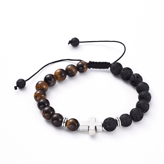Natural Lava Rock & Tiger Eye Beads Adjustable Braided Bracelets, with Tibetan Style Alloy Beads, Cross