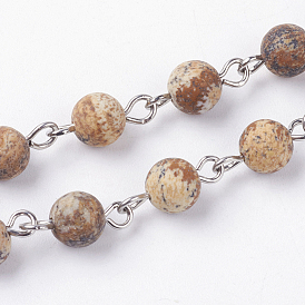 Natural Picture Jasper Handmade Beaded Chains, Unwelded, with Iron Eye Pin
