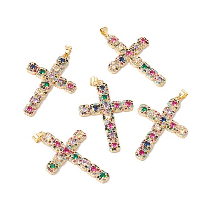 Rack Plating Brass Micro Pave Colorful Cubic Zirconia Pendants, with Junp Ring, Cadmium Free & Nickel Free & Lead Free, Cross