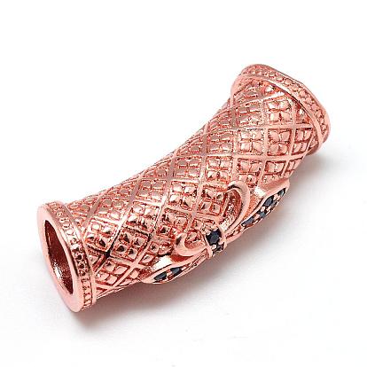 Rack Plating Brass Micro Pave Cubic Zirconia Beads, Long-Lasting Plated, Curved Tube Beads, Curved Tube Noodle Beads, Large Hole Beads