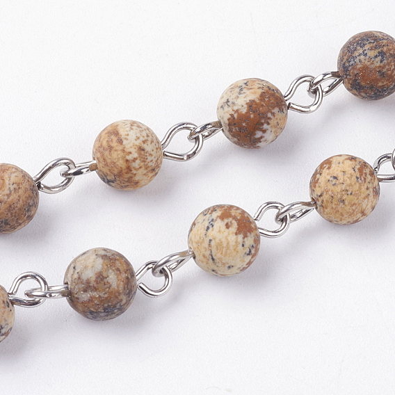 Image naturelle jasper à la main perles chaînes, non soudée, avec épingle à oeil en fer