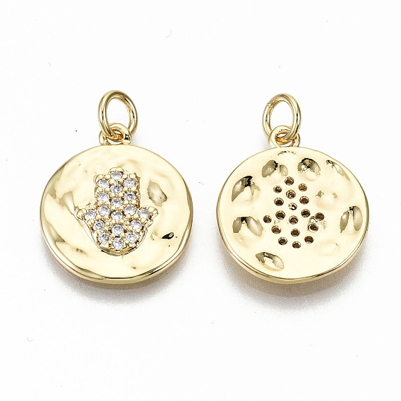 Hammered Brass Micro Pave Clear Cubic Zirconia Pendants, with Jump Rings, Nickel Free, Flat Round with Hamsa Hand/Hand of Fatima/Hand of Miriam
