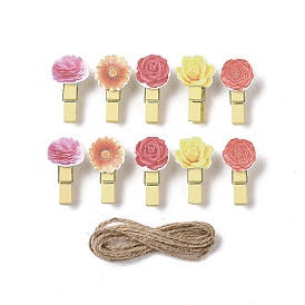 Flower Theme Wooden & Iron Clothes Pins, with Hemp Rope for Hanging Note, Photo, Clothes, Office School Supplies