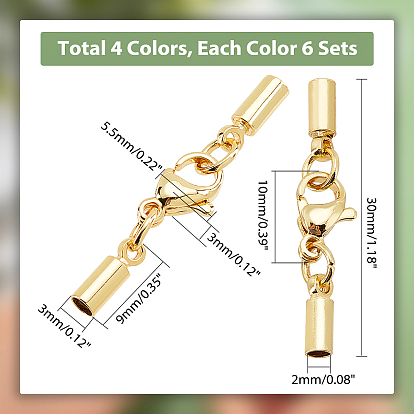 PandaHall Elite 24Pcs 4 Colors Brass Lobster Claw Clasps, with Cord Ends, Long-Lasting Plated