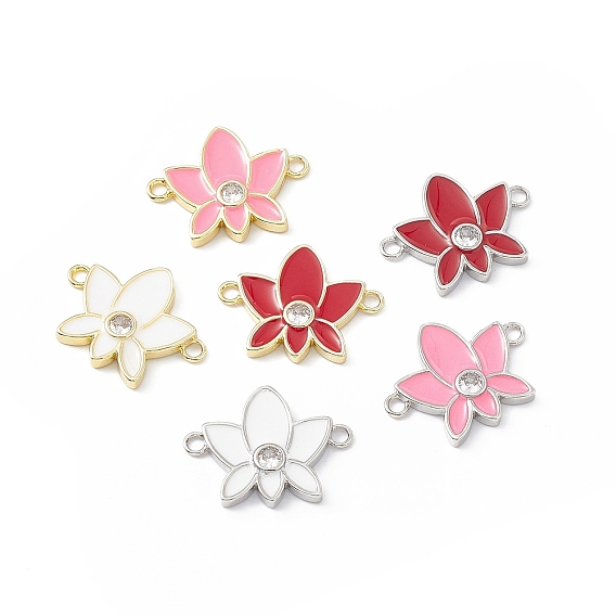 Rack Plating Brass Pave Clear Cubic Zirconia Connector Charms, Lotus Flower Links, with Enamel, Long-Lasting Plated, Lead Free & Cadmium Free