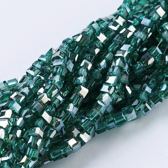Electroplate Glass Beads Strands, Half Rainbow Plated, Faceted, Cube