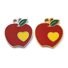 316 Surgical Stainless Steel Charms, with Enamel, Apple with Heart Charm