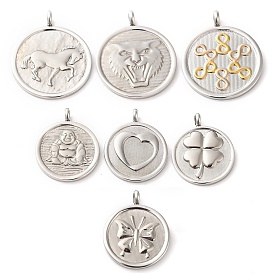 304 Stainless Steel Pendants,  Stainless Steel Color, Flat Round with Heart/Clover/Horse/Buddha/Butterfly/Leopard Pattern