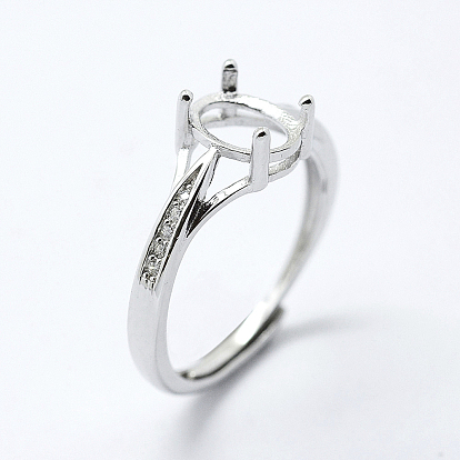 925 componentes de anillo de dedo de plata esterlina, con circonita, ajustable, oval