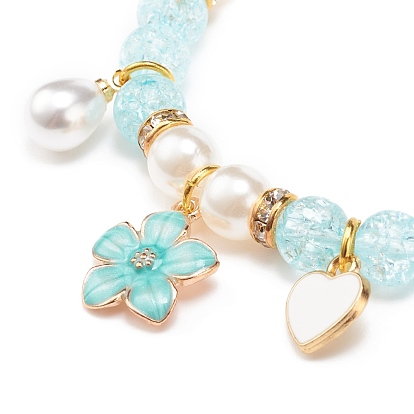 Acrylic Imitation Pearl Stretch Bracelet, Alloy Enamel Heart Flower Charms Bracelet for Women