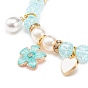 Acrylic Imitation Pearl Stretch Bracelet, Alloy Enamel Heart Flower Charms Bracelet for Women