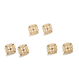 Brass Stud Earring Findings, with Cubic Zirconia and Loop, Real 18K Gold Plated, Flower