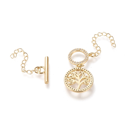 Brass Micro Pave Cubic Zirconia Ring Toggle Clasps, Long-Lasting Plated, with Extender Chains and Tree of Life Pendants, Clear