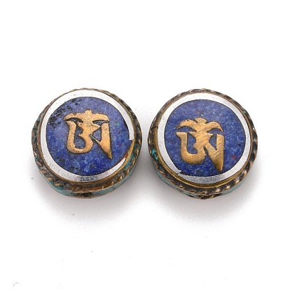 Perles en laiton de style tibétain faites à la main, avec turquoise synthétique, plat rond