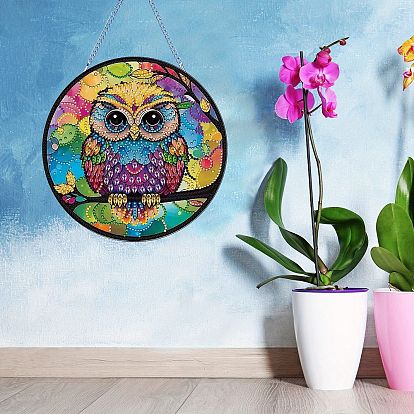 Owl Pattern DIY Diamond Painting Pendant Decoration Kit, Hanging Door Sign Kits, Including Resin Rhinestones Bag, Diamond Sticky Pen, Tray Plate & Glue Clay
