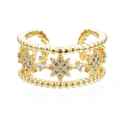 Bague de manchette ouverte étoile zircone cubique, bijoux en laiton plaqué or véritable 18k pour femmes, sans nickel