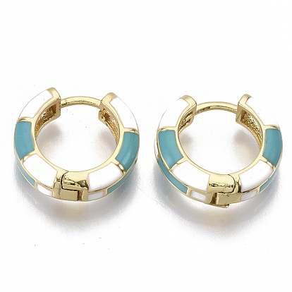 Brass Huggie Hoop Earrings, with Two Tone Enamel, Real 18K Gold Plated