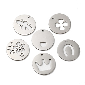 201 Stainless Steel Pendants, Stainless Steel Color, Laser Cut, Flat Round Charm