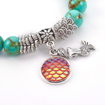 Bracelets à breloques extensibles en perles synthétiques turquoise (teintes), Avec pendentif en alliage de style tibétain, résine et laiton, forme de sirène