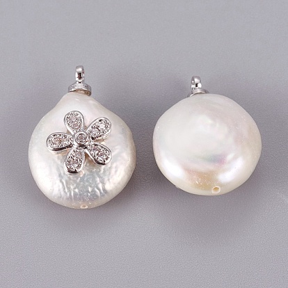 Natural Cultured Freshwater Pearl Pendants, with Brass Cubic Zirconia Cabochons, Long-Lasting Plated, Nuggets with Flower