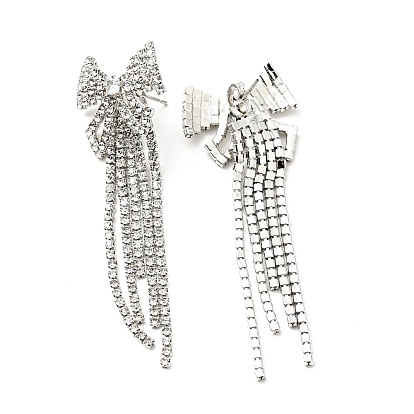 Crystal Rhinestone & Clear Cubic Zirconia Bowknot Tassel Dangle Stud Earrings, Brass Long Drop Earrings with 925 Sterling Silver Pins for Women