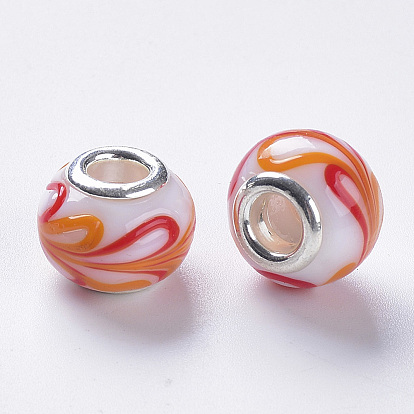 Perles européennes en lampwork faits à la main, Perles avec un grand trou   , avec couleur argent plaqué doubles noyaux de cuivre, rondelle